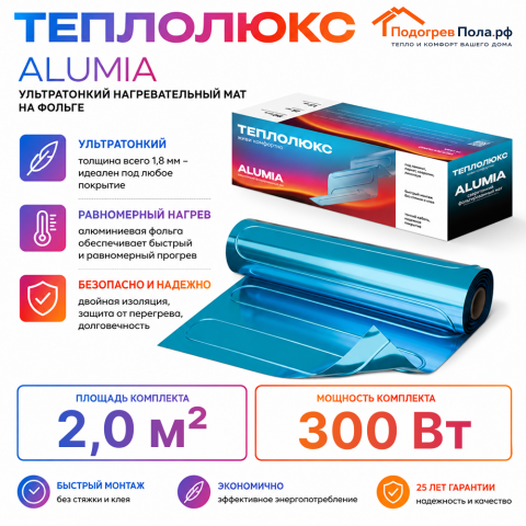 Ультратонкий нагревательный мат на фольге Теплолюкс Alumia 300 Вт - 2,0 кв.м.